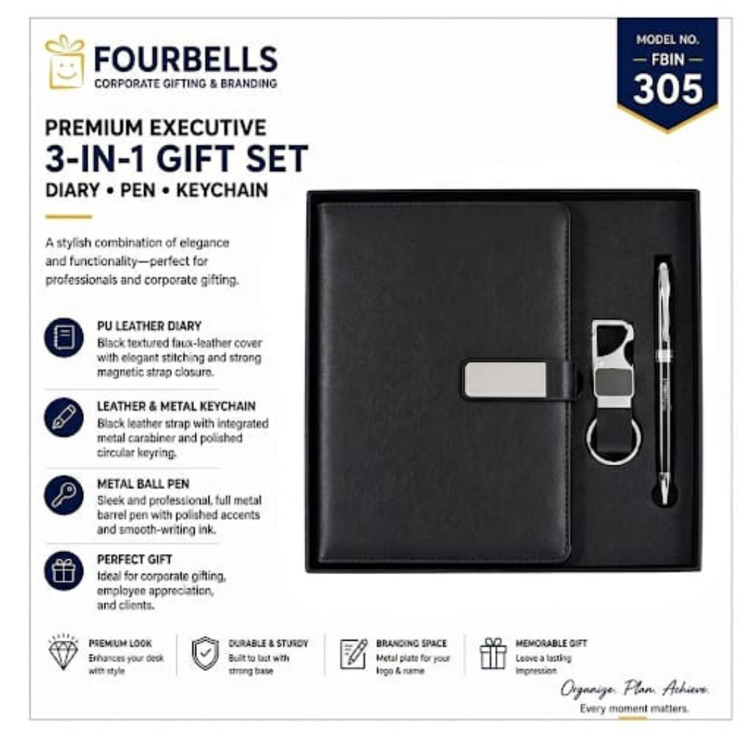FOURBELLS FBIN 305 Premium Executive Black 3-in-1 Gift Set consist Diary, Metal Ball Pen & Keychain