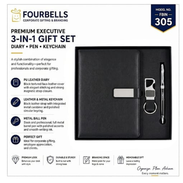 FOURBELLS FBIN 305 Premium Executive Black 3-in-1 Gift Set consist Diary, Metal Ball Pen & Keychain
