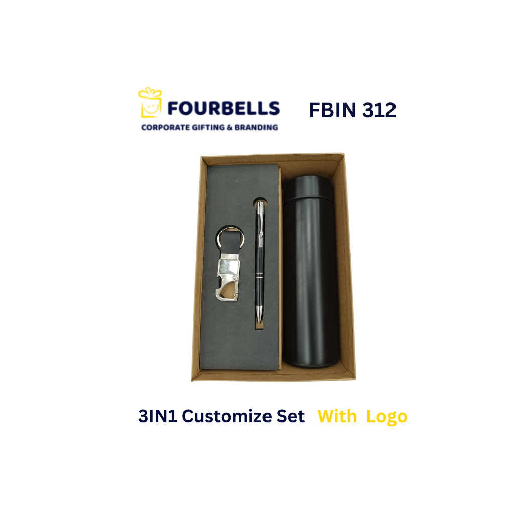 3-in-1 Executive Corporate Gift Set with Smart Temperature Bottle, Metal Pen & PU Leather Keychain | Custom Logo Corporate Gift | Fourbells