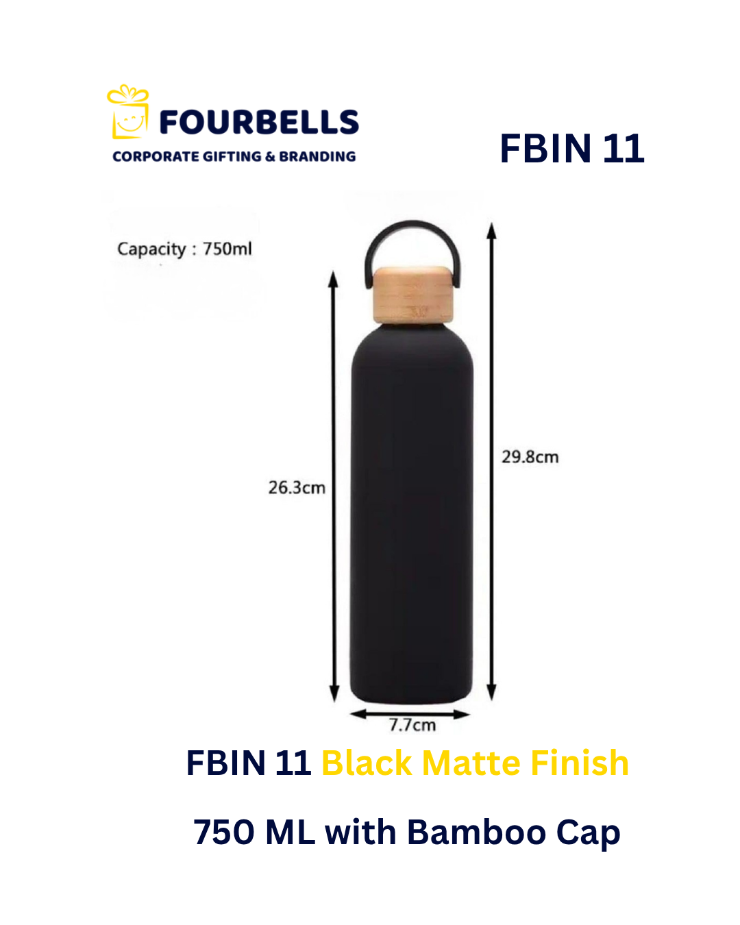 750ml Stainless Steel Vacuum Insulated Bottle with Bamboo Cap & Rubber Coated Body | Custom Logo Corporate Gift | Fourbells