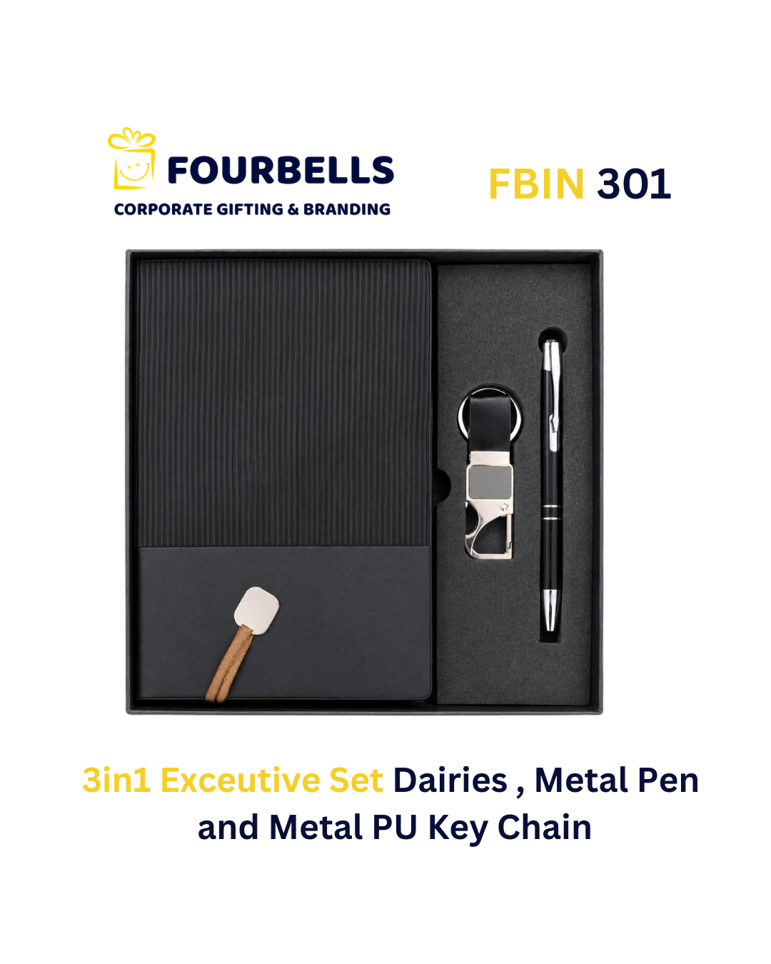 Premium 3 in 1 Corporate Gift Set with Diary, Pen & PU Leather Keychain By Fourbells | FBIN 301