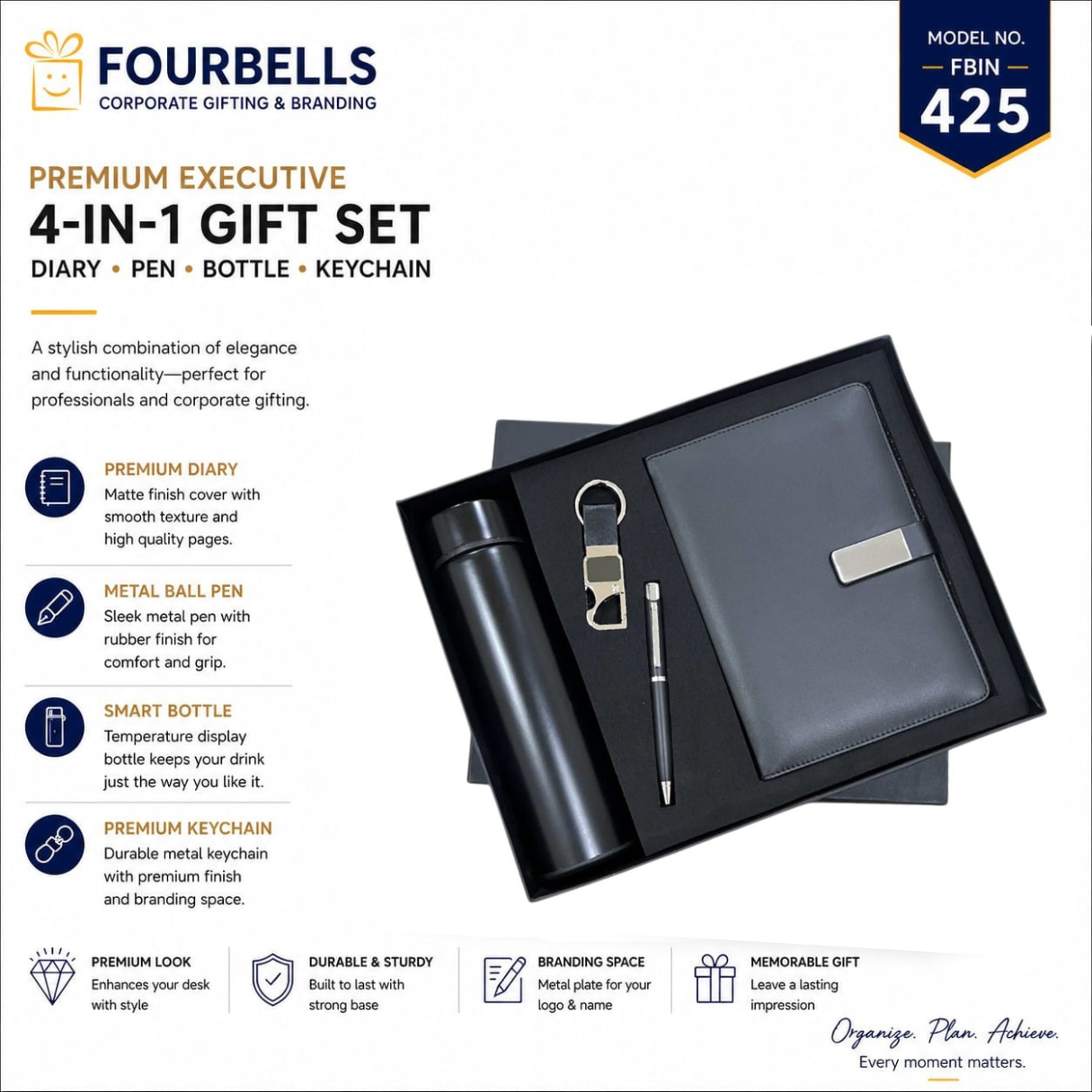 Premium 4-in-1 Corporate Gift Set Diary, Pen, Smart Bottle & Keychain FBIN-425