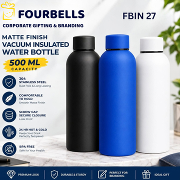 500 Ml Matte Rubber Finish Vacuum Insulated Water Bottle Black White and Blue