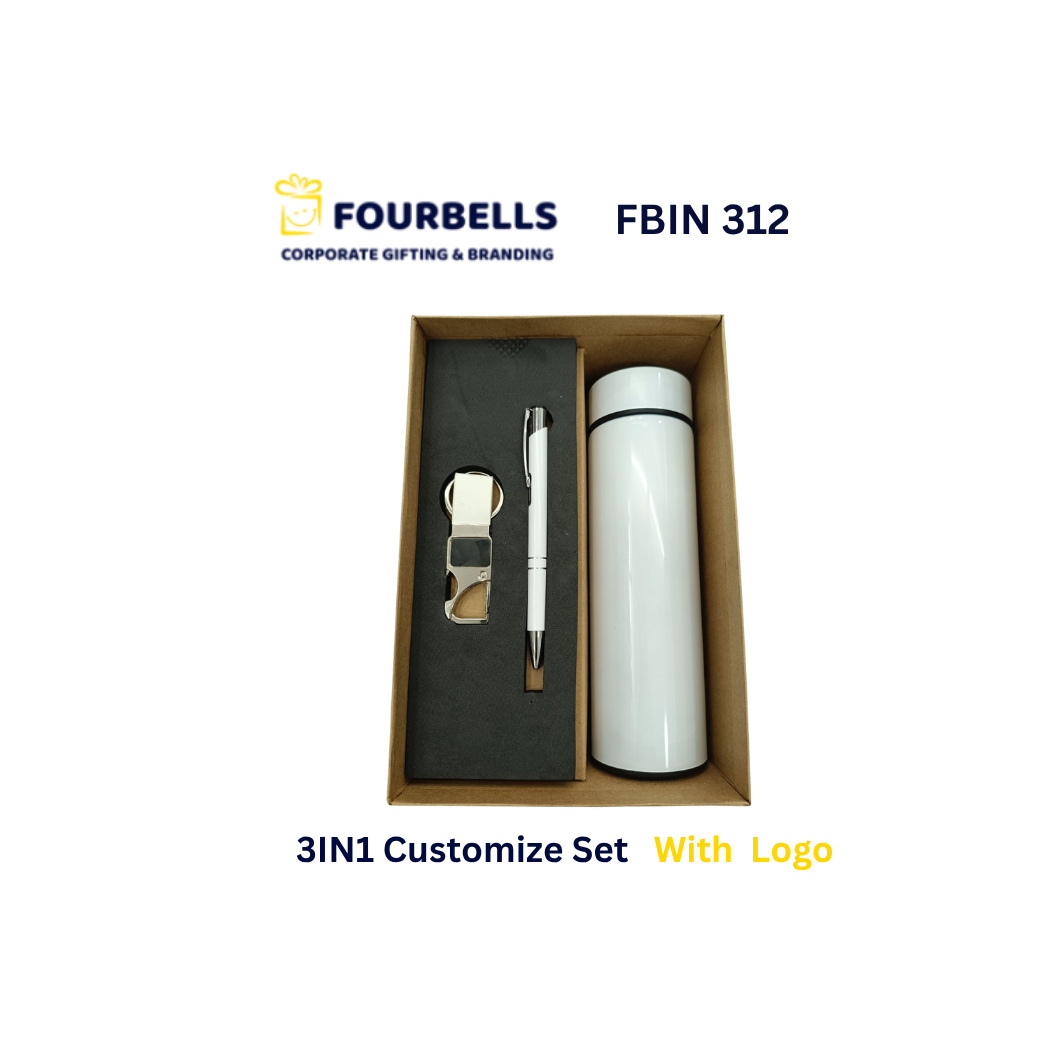 3-in-1 Executive Corporate Gift Set with Smart Temperature Bottle, Metal Pen & PU Leather Keychain | Custom Logo Corporate Gift | Fourbells