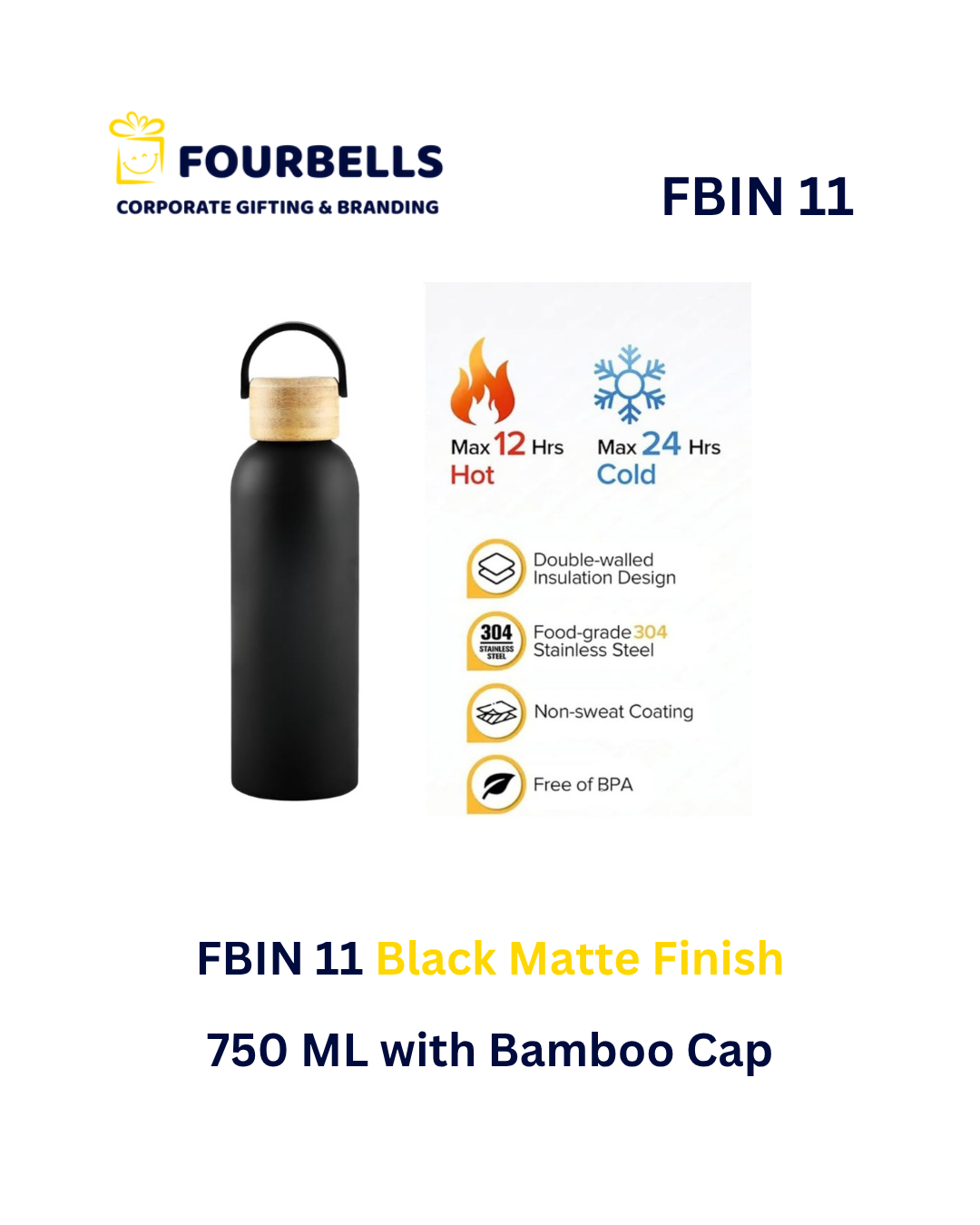 750ml Stainless Steel Vacuum Insulated Bottle with Bamboo Cap & Rubber Coated Body | Custom Logo Corporate Gift | Fourbells