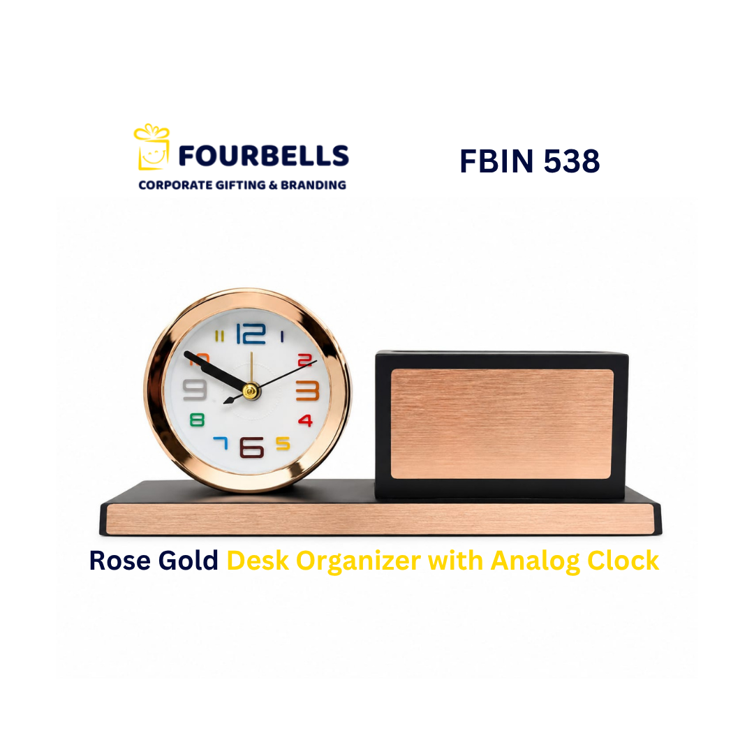 Executive Wooden Desk Organizer with Analog Clock and Pen Stand Custom Logo