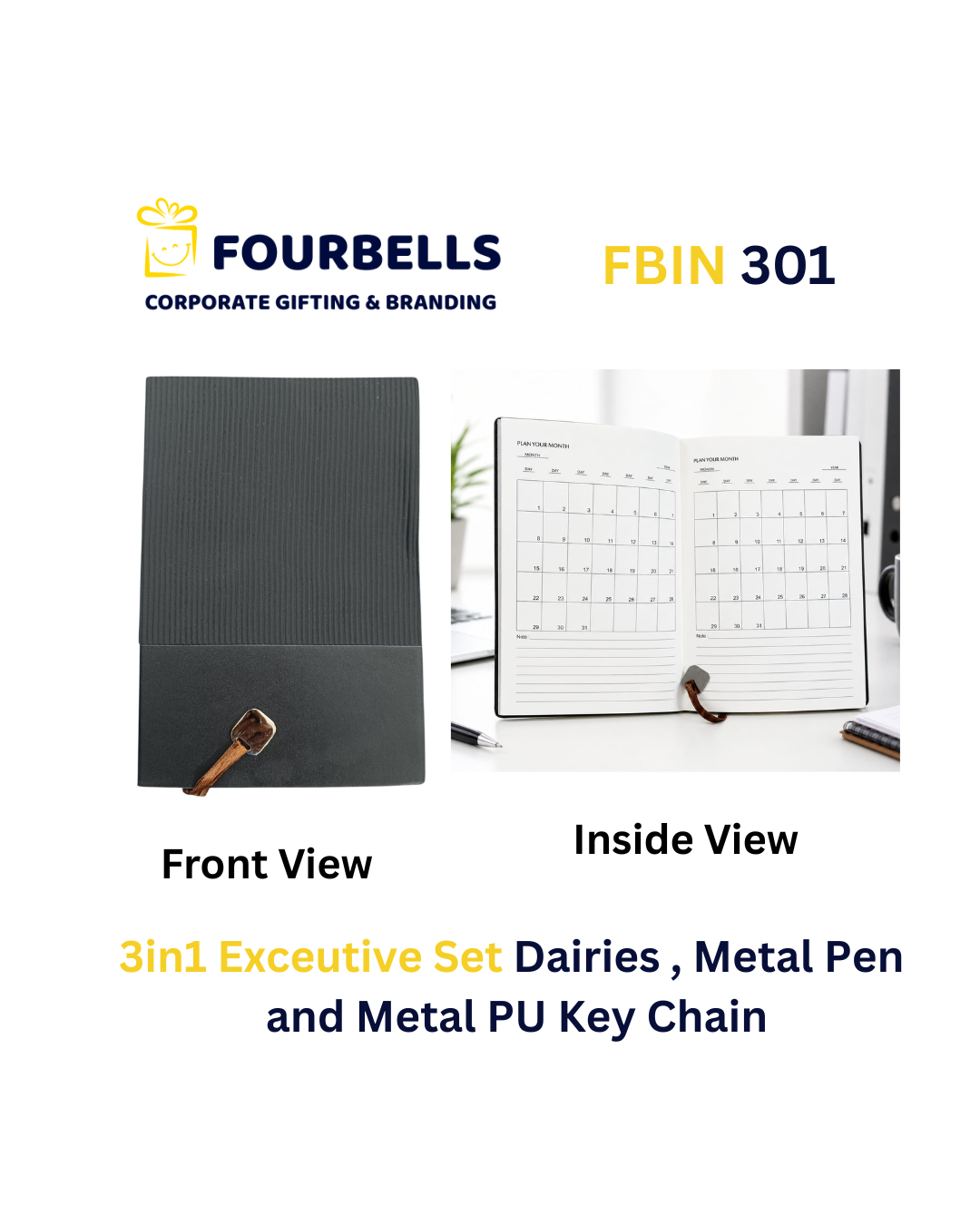Premium 3 in 1 Corporate Gift Set with Diary, Pen & PU Leather Keychain By Fourbells | FBIN 301