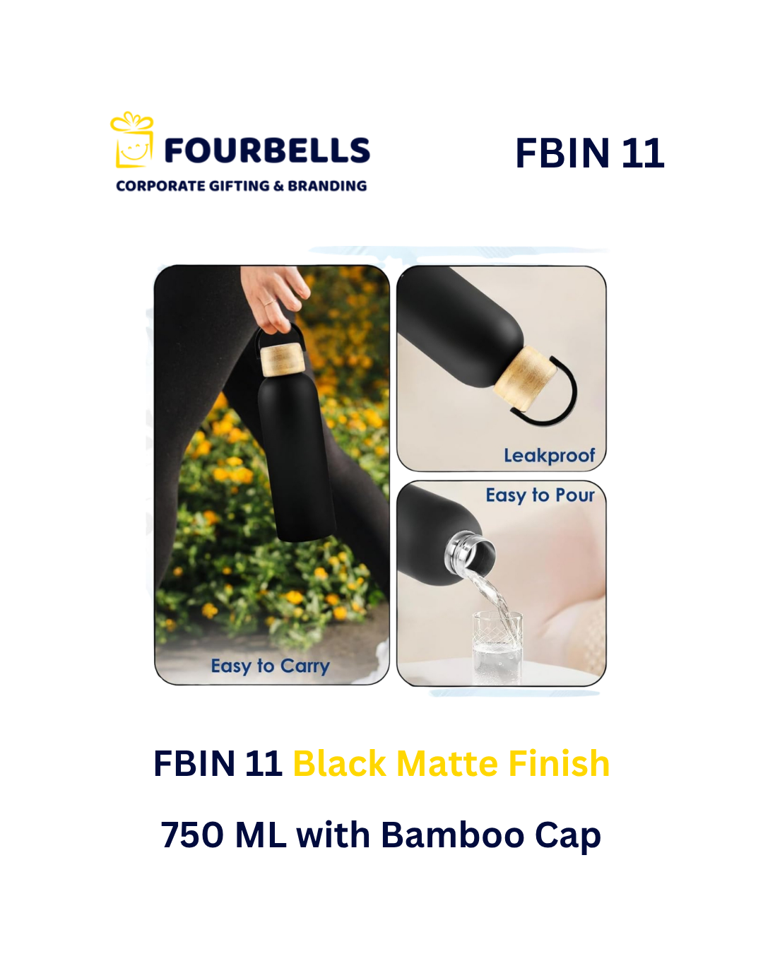 750ml Stainless Steel Vacuum Insulated Bottle with Bamboo Cap & Rubber Coated Body | Custom Logo Corporate Gift | Fourbells