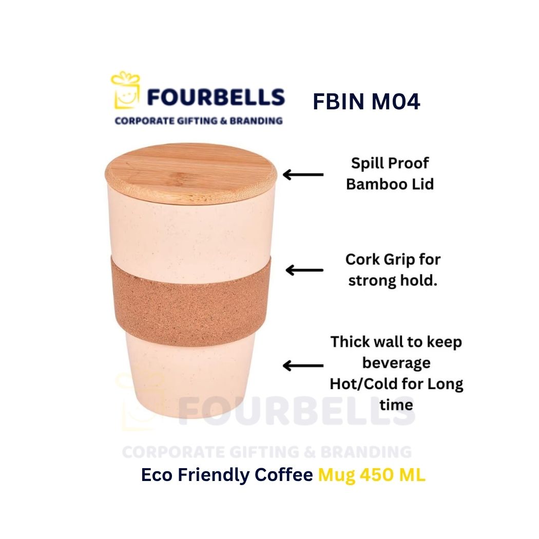 ECO Cork 450 ML Eco-Friendly  Coffee Mug with Bamboo Lid Spill-Proof Reusable Travel Mu