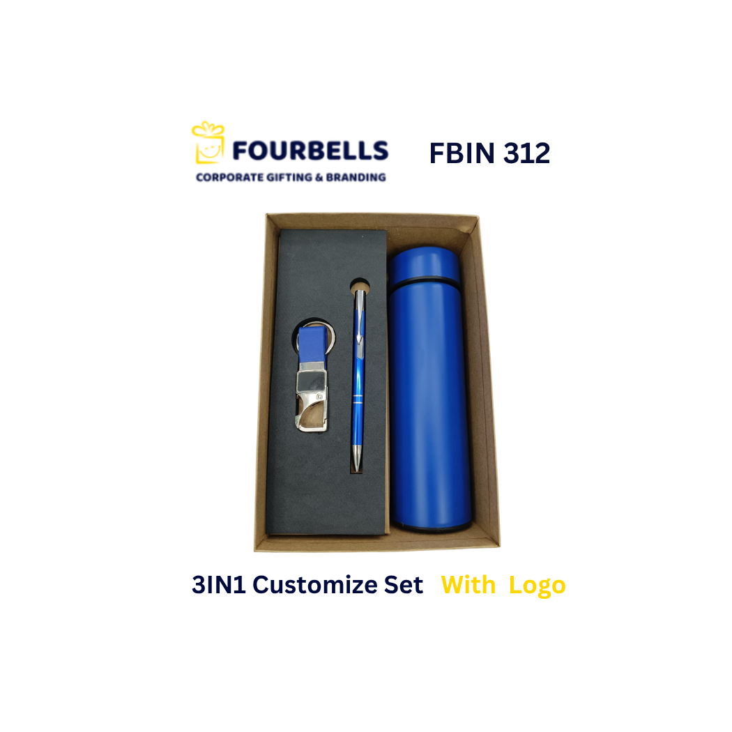 3-in-1 Executive Corporate Gift Set with Smart Temperature Bottle, Metal Pen & PU Leather Keychain | Custom Logo Corporate Gift | Fourbells
