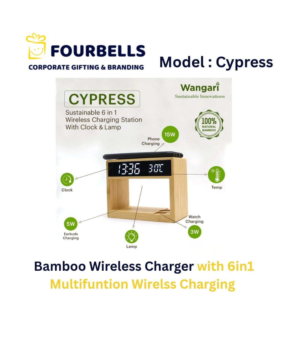 6-in-1 Bamboo Wireless Charging Station with LED Clock, Lamp & Temperature Display | Eco-Friendly Corporate Gift