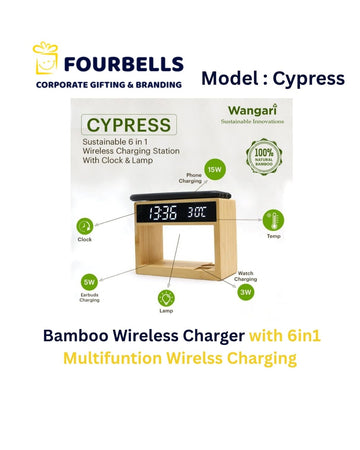 6-in-1 Bamboo Wireless Charging Station with LED Clock, Lamp & Temperature Display | Eco-Friendly Corporate Gift
