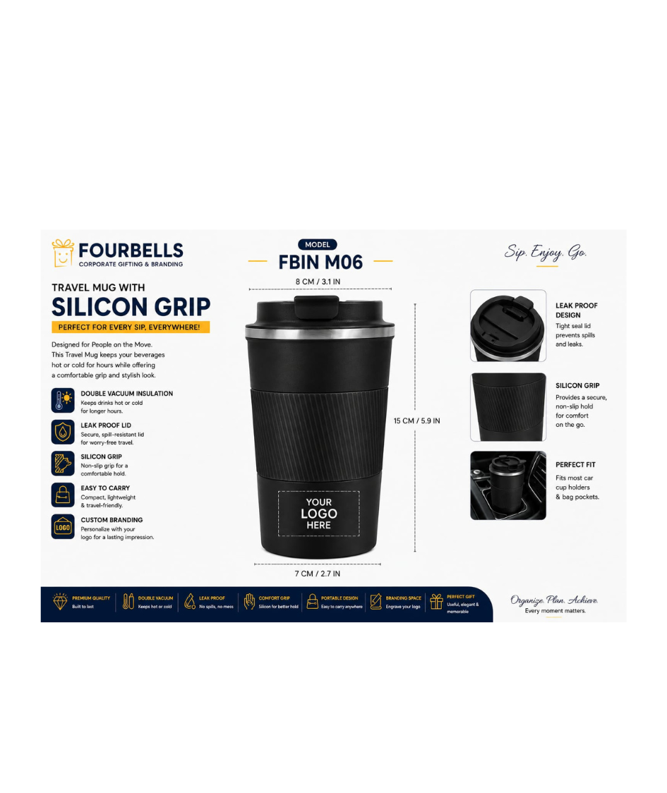 Travel Coffee Mug SS with Silicone Grip  Vacuum Insulated  with Custom Logo