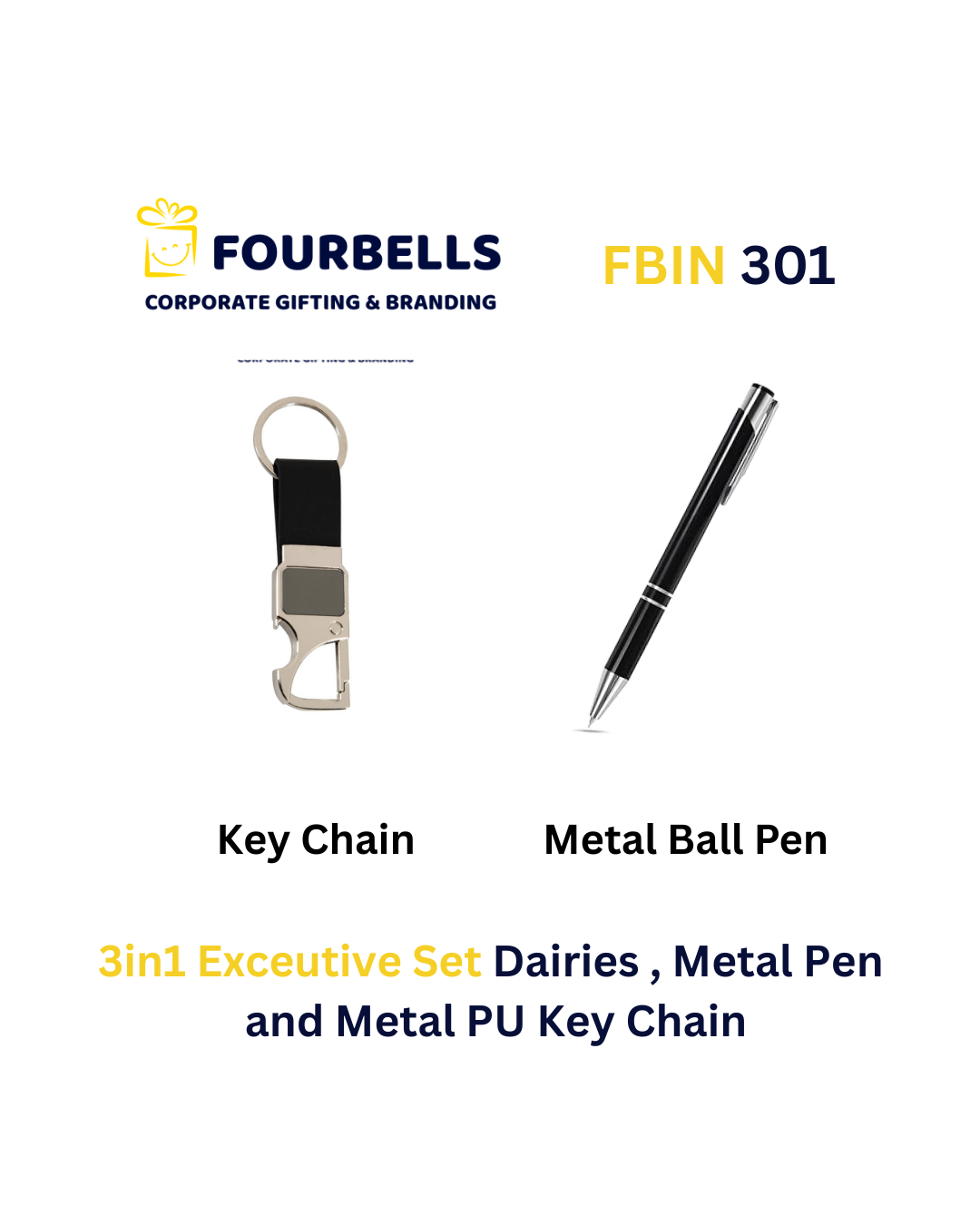 Premium 3 in 1 Corporate Gift Set with Diary, Pen & PU Leather Keychain By Fourbells | FBIN 301