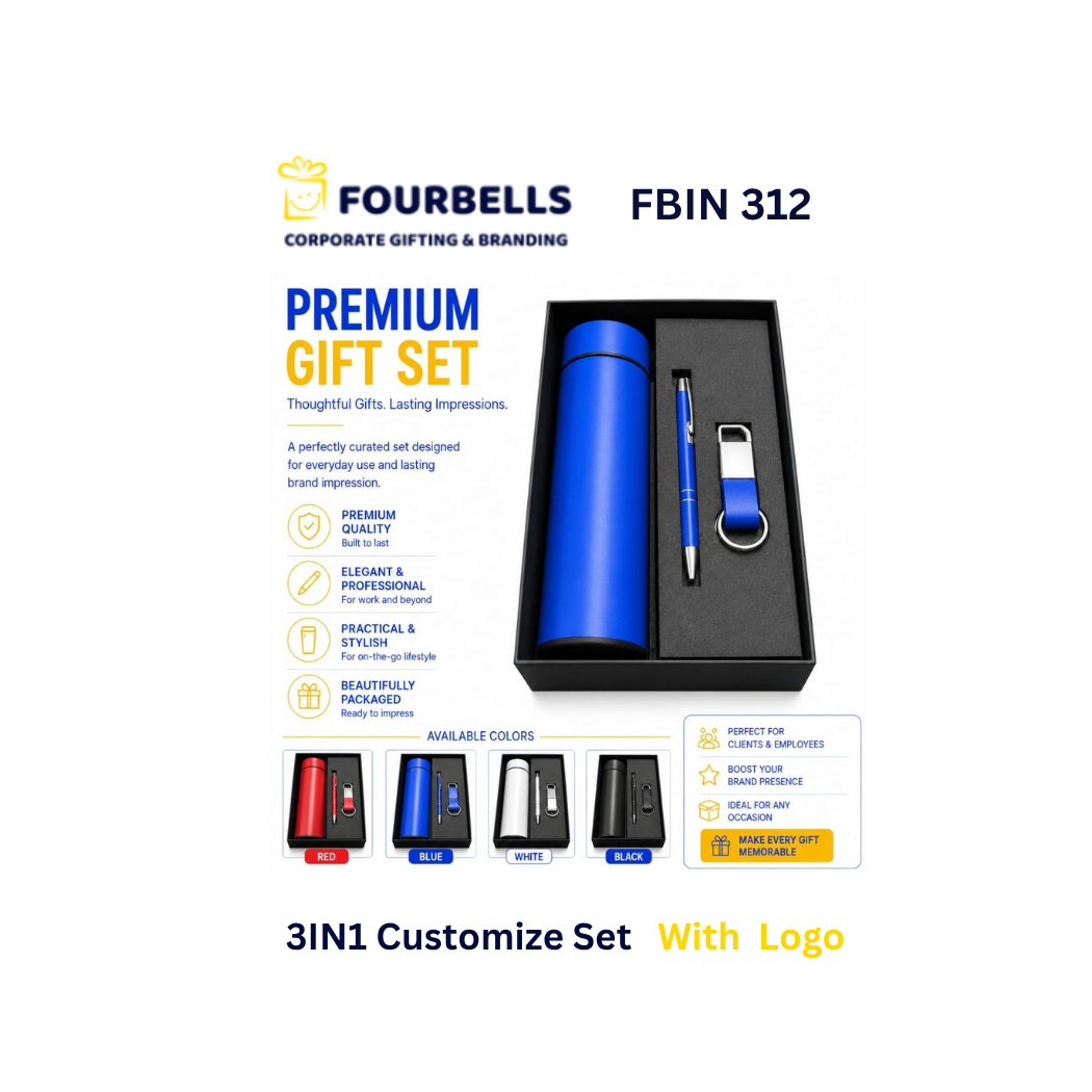 3-in-1 Executive Corporate Gift Set with Smart Temperature Bottle, Metal Pen & PU Leather Keychain | Custom Logo Corporate Gift | Fourbells
