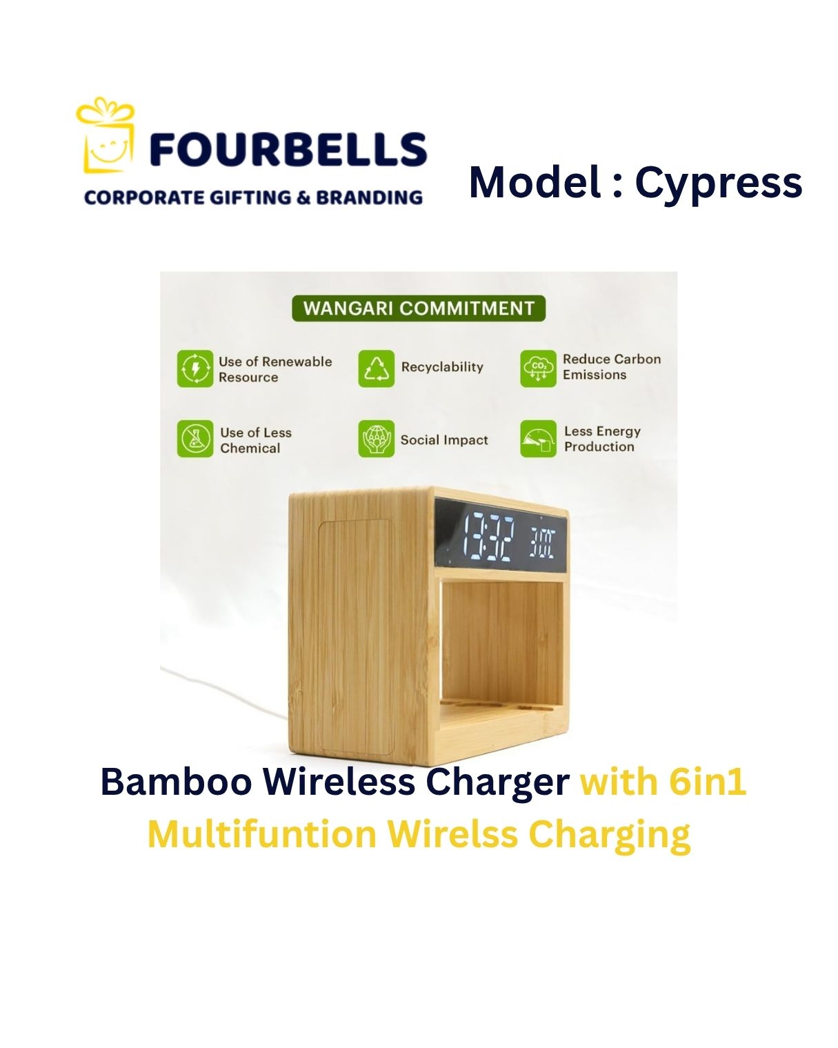 6-in-1 Bamboo Wireless Charging Station with LED Clock, Lamp & Temperature Display | Eco-Friendly Corporate Gift