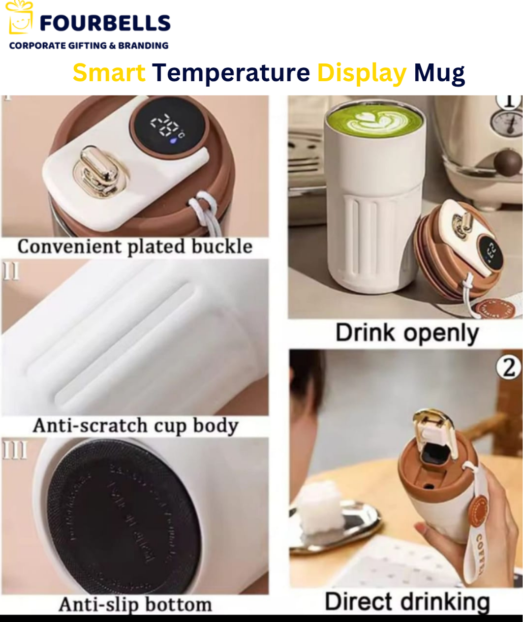 Smart Coffee Mug with LED Temperature Display | Vacuum Insulated Stainless Steel Mug | Custom Logo Corporate Gift | Fourbells
