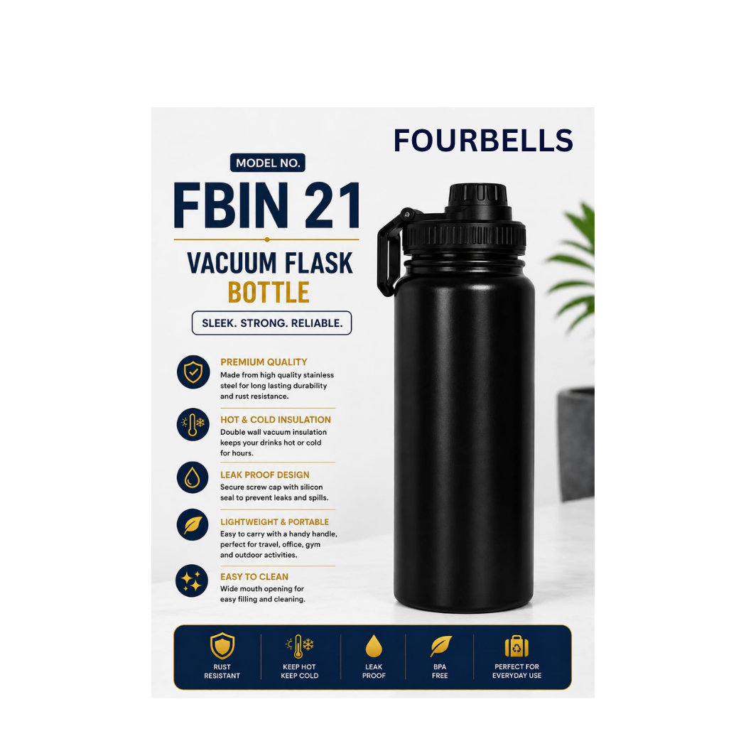Vacuum Insulated Steel Water Bottle BLACK Model FBIN 21 by FOURBELLS