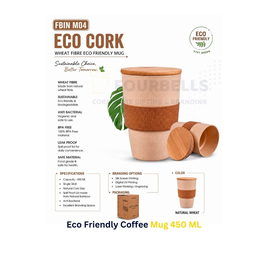 ECO Cork 450 ML Eco-Friendly  Coffee Mug with Bamboo Lid Spill-Proof Reusable Travel Mu