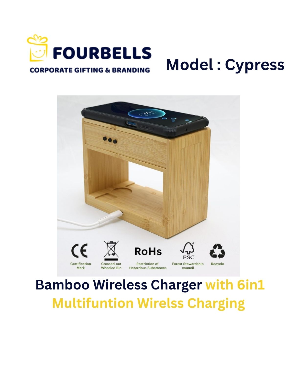 6-in-1 Bamboo Wireless Charging Station with LED Clock, Lamp & Temperature Display | Eco-Friendly Corporate Gift
