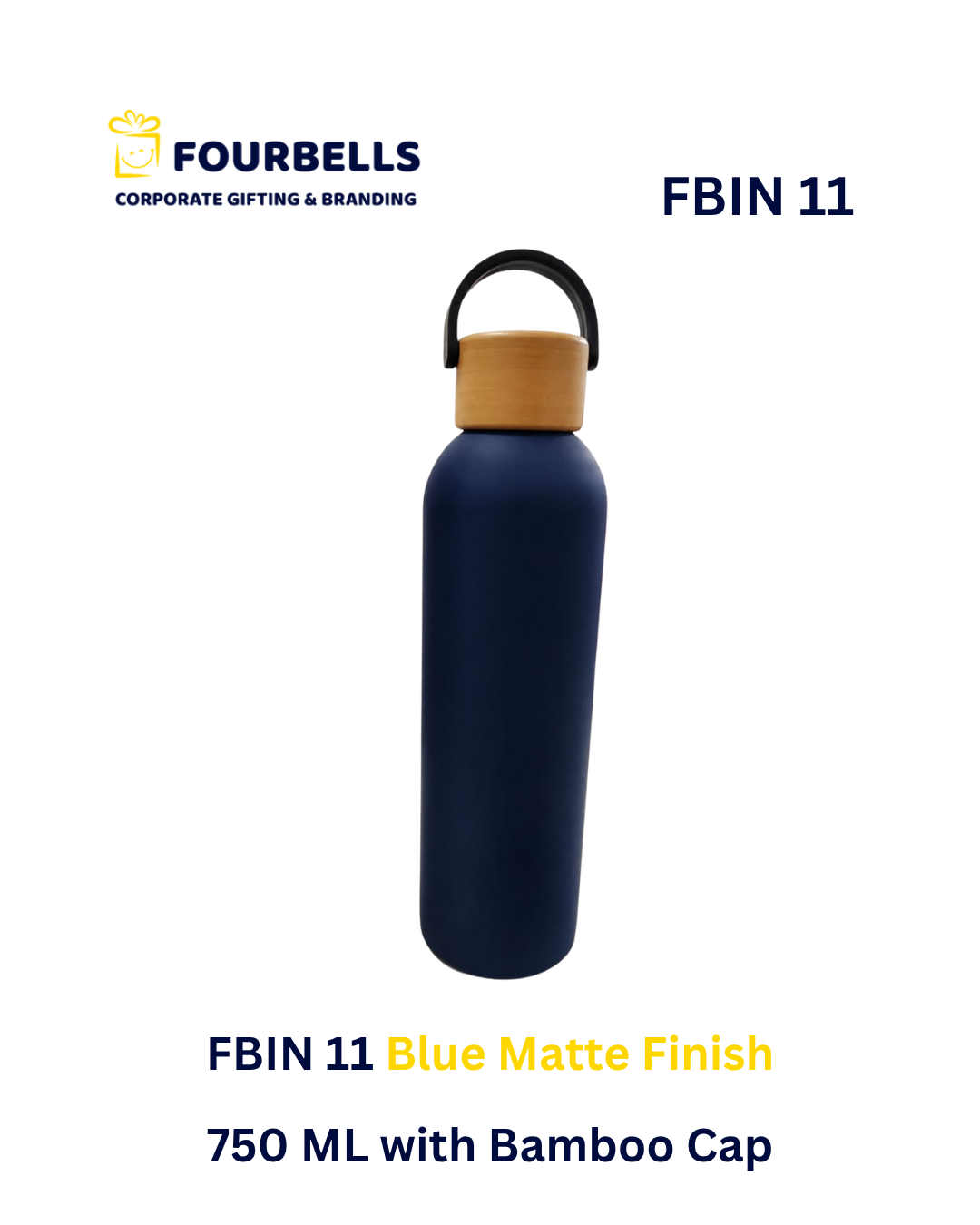 750ml Stainless Steel Vacuum Insulated Bottle with Bamboo Cap & Rubber Coated Body | Custom Logo Corporate Gift | Fourbells