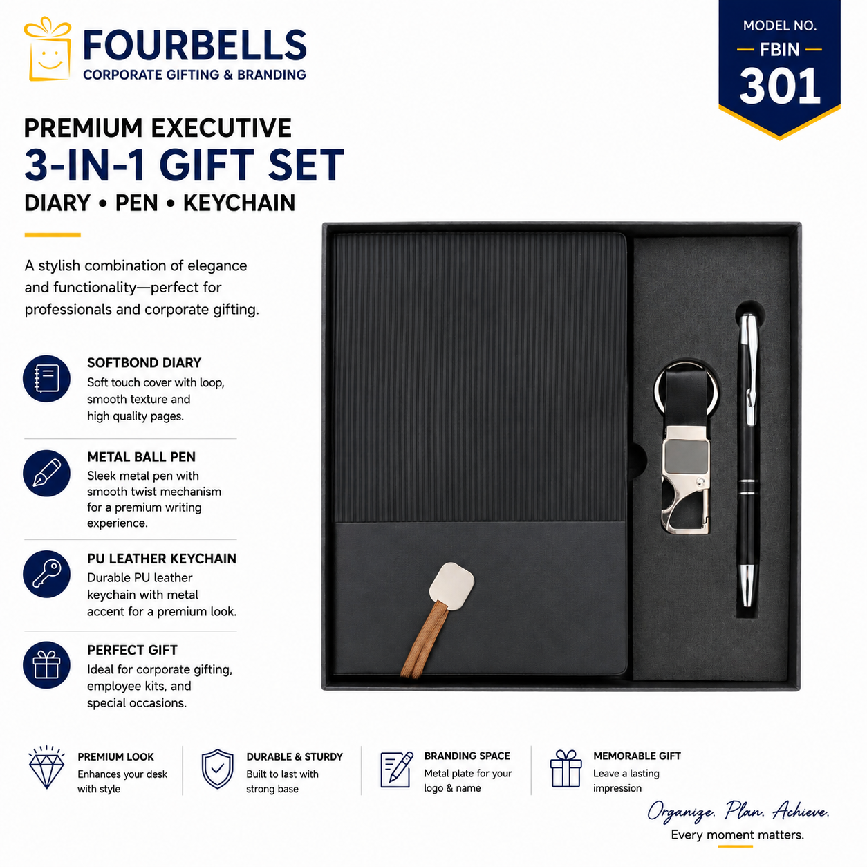 Premium 3 in 1 Corporate Gift Set with Diary, Pen & PU Leather Keychain By Fourbells | FBIN 301