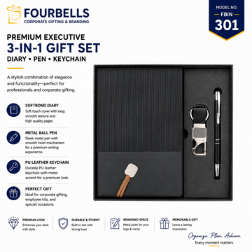 Premium 3 in 1 Corporate Gift Set with Diary, Pen & PU Leather Keychain By Fourbells | FBIN 301