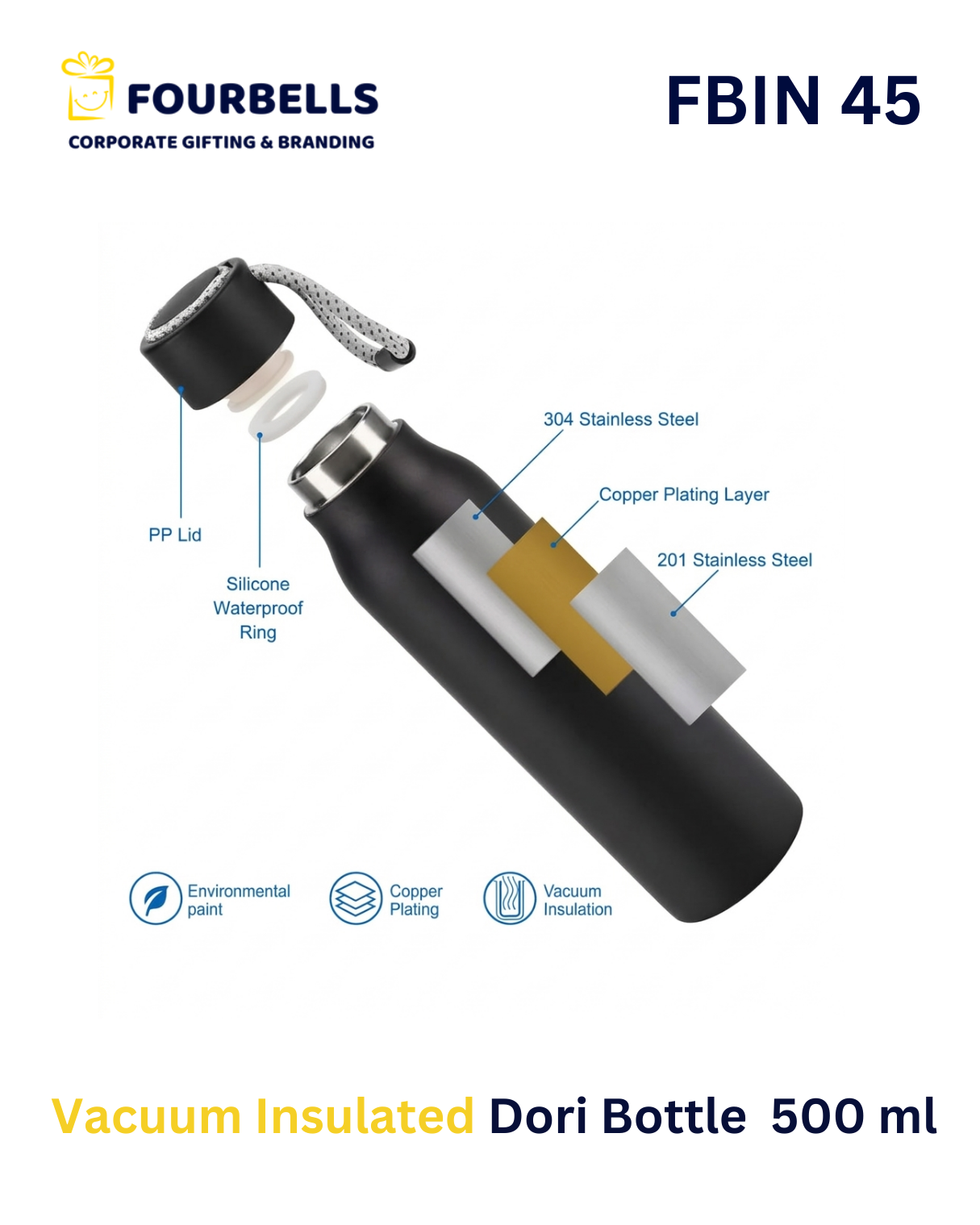 Stainless Steel Vacuum Insulated Dori Bottle with Strap  500ml Leakproof FBIN 45