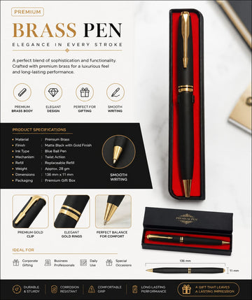 Premium Brass Metal Ball Pen with Gift Box | Custom Logo Engraved Executive Pen for Corporate Gifting | Fourbell