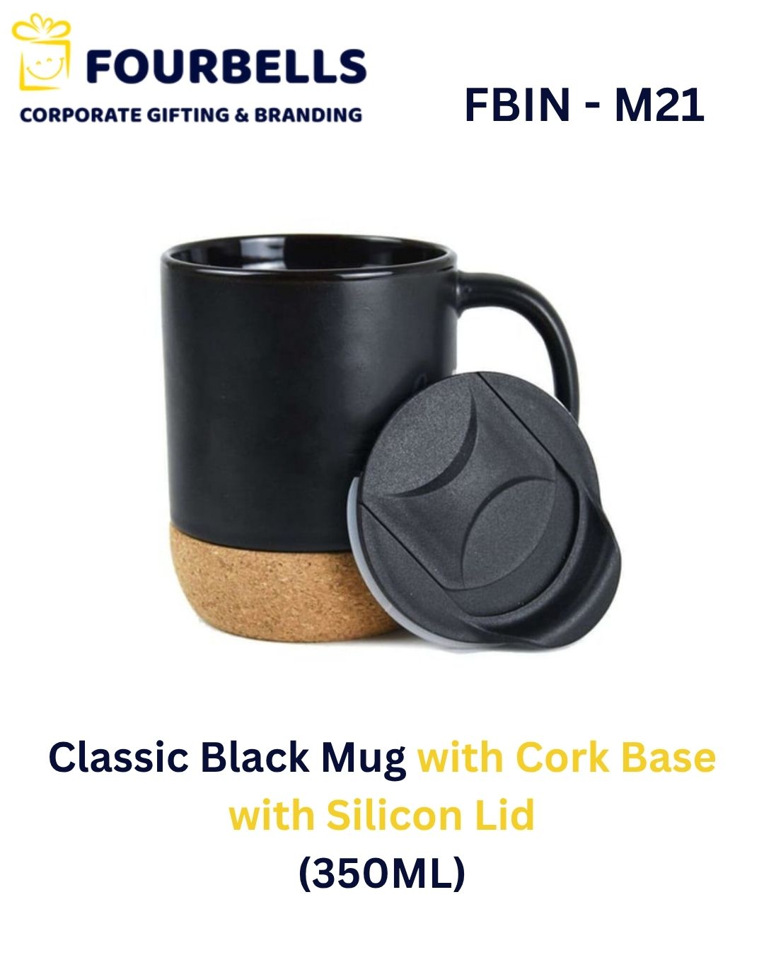 Black Ceramic Mug with Cork Base 350ml & Silicone Lid