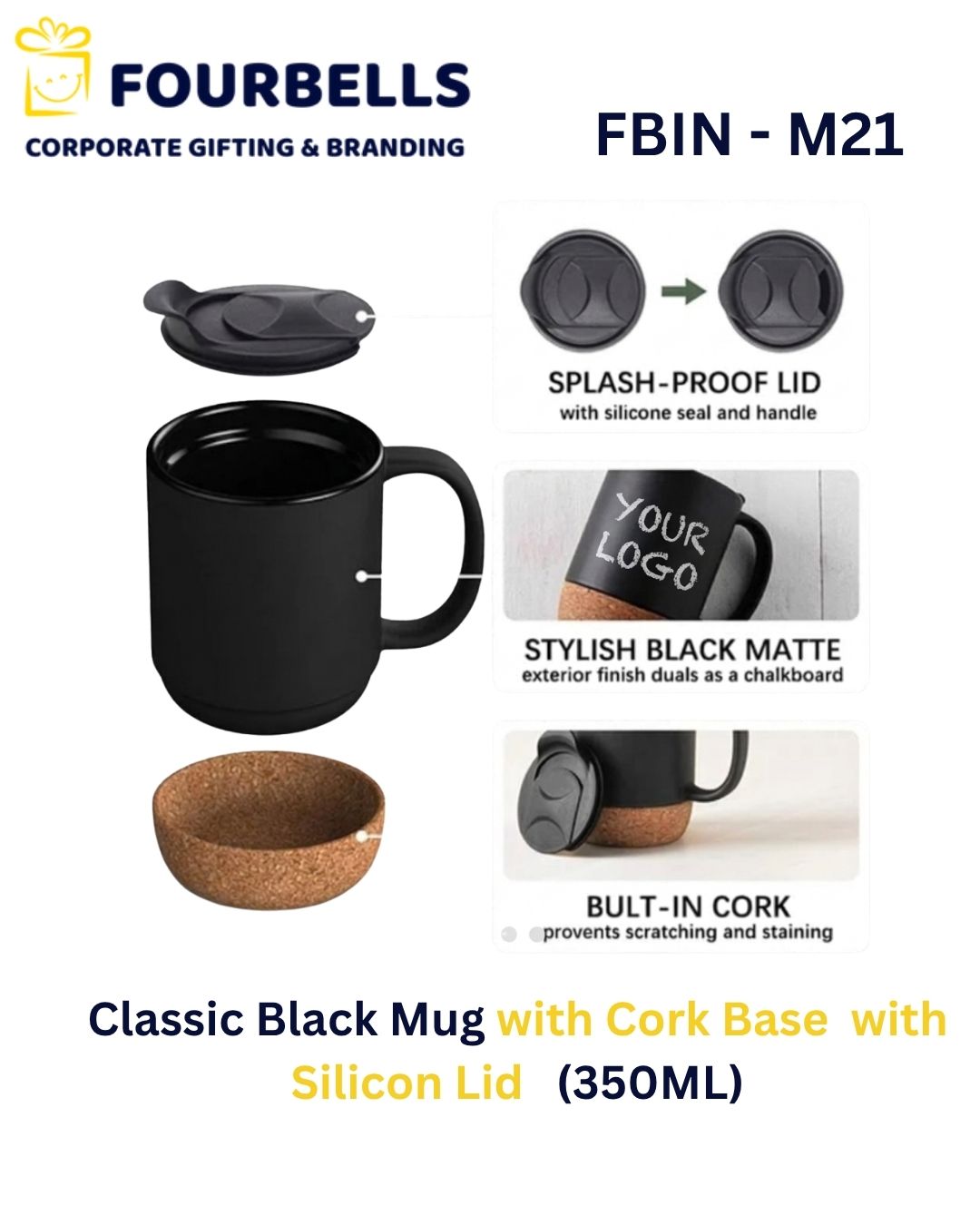 Black Ceramic Mug with Cork Base 350ml & Silicone Lid