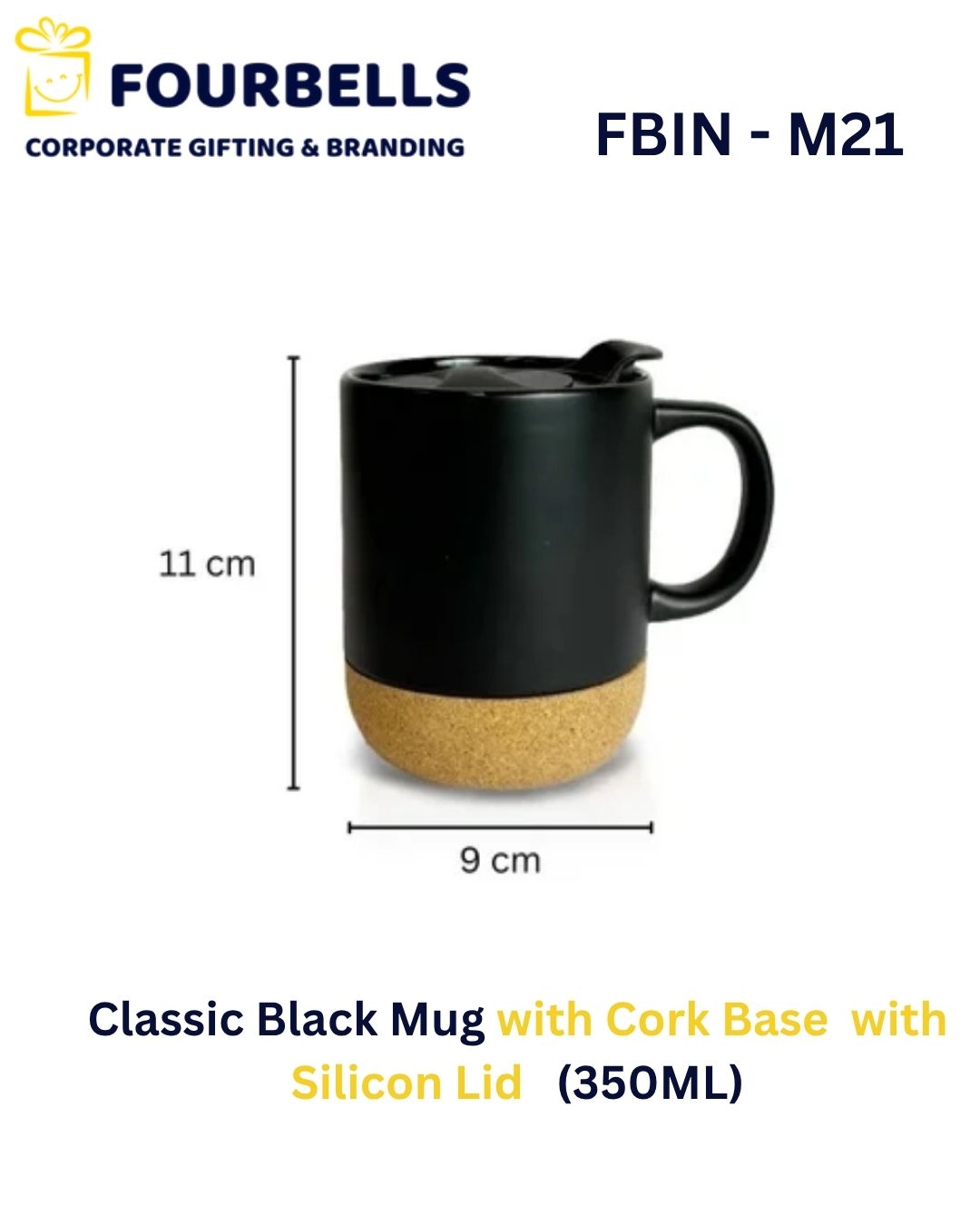Black Ceramic Mug with Cork Base 350ml & Silicone Lid