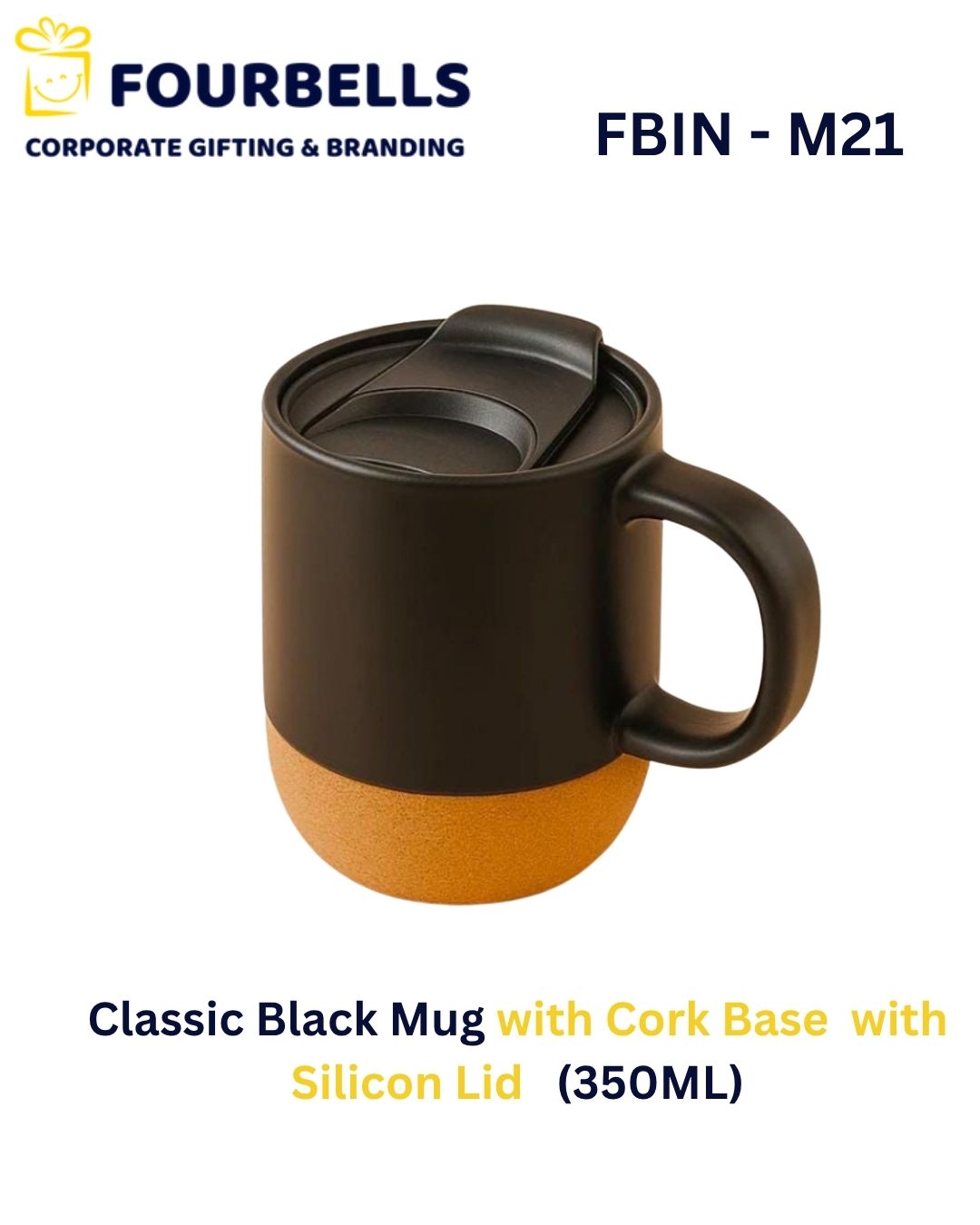 Black Ceramic Mug with Cork Base 350ml & Silicone Lid