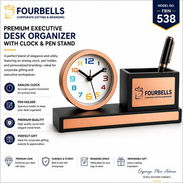 Executive Wooden Desk Organizer with Analog Clock and Pen Stand Custom Logo