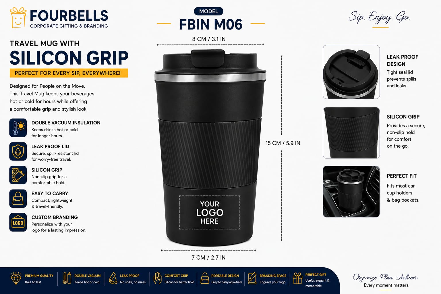 Travel Coffee Mug SS with Silicone Grip  Vacuum Insulated  with Custom Logo
