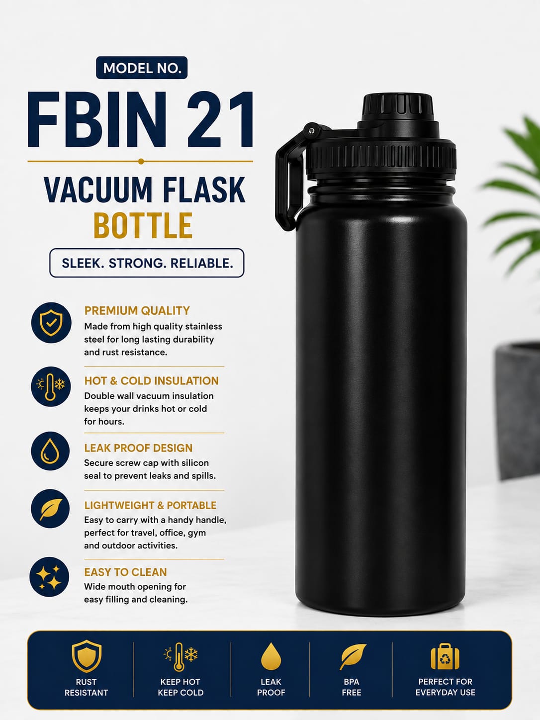 Vacuum Insulated Steel Water Bottle BLACK Model FBIN 21 by FOURBELLS